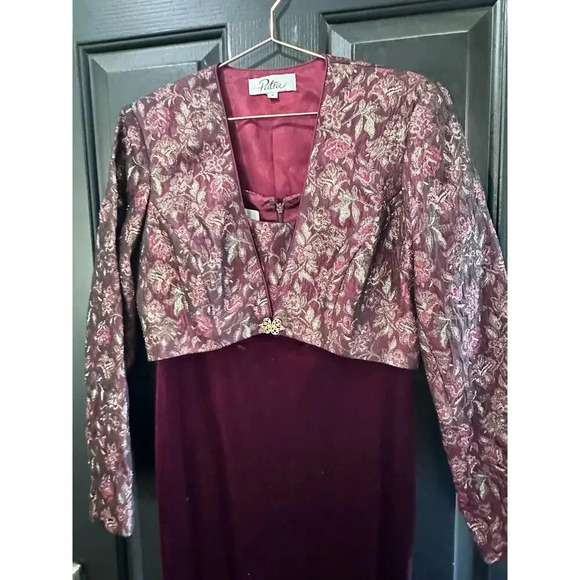 Vintage Patra Red Floral Stretch Velvet Dress with jacket Size 8 - Picture 2 of 13
